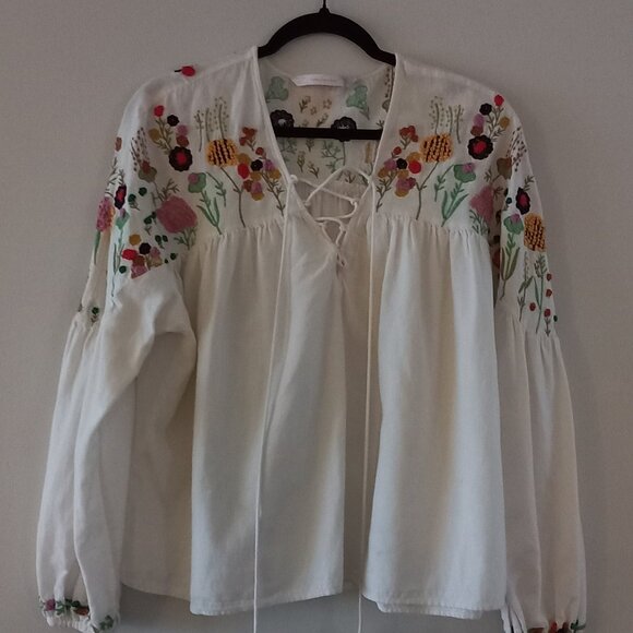 ZARA TRAFALUC cotton multi coloured embroidery puff sleeve blouse - Picture 3 of 11